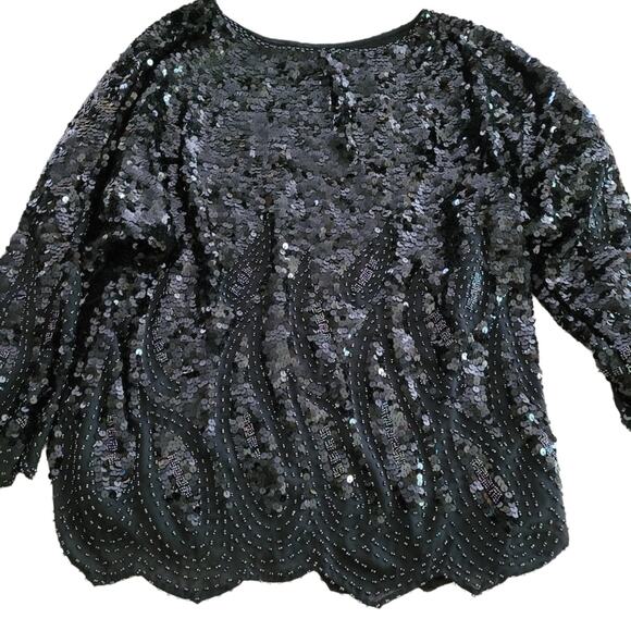 St. Eve Milano Black Long Sleeve Subtle Iridescent Sequin Beaded Scallop Hem Top - Picture 5 of 11